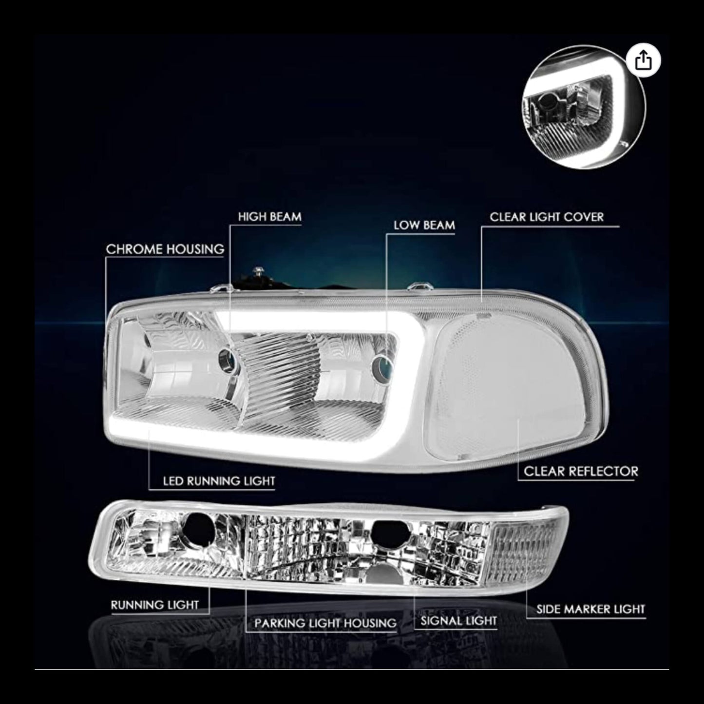 1999-2006 GMC Sierra Head lightsChrome Housing/Clear Corner