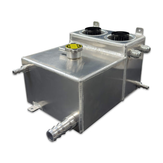 1999-2006 Chevy Silverado & GMC Sierra Coolant Reservoir & Catch Can – LS Swap Compatible. Firewall-mounted aluminum coolant reservoir and oil catch can for a cleaner engine bay. Direct fit for 99-06 Silverado & Sierra, also compatible with LS swap in 73-87 C10 and 88-98 OBS models.