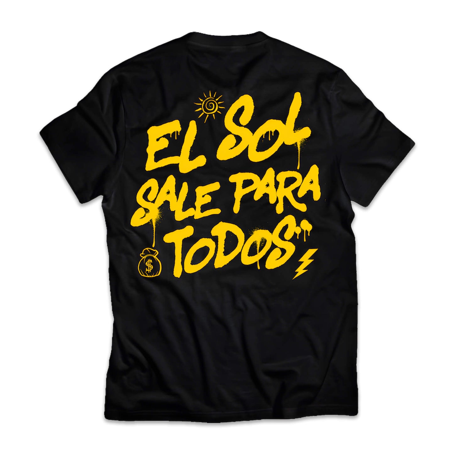 Back View of the Project Torque “El Sol” T-Shirt. Featuring bold front and back graphics, made from 60% cotton and 40% polyester. “El Sol Sale Para Todos” (The Sun Shines for Everyone) highlights equal opportunity and mutual support.
