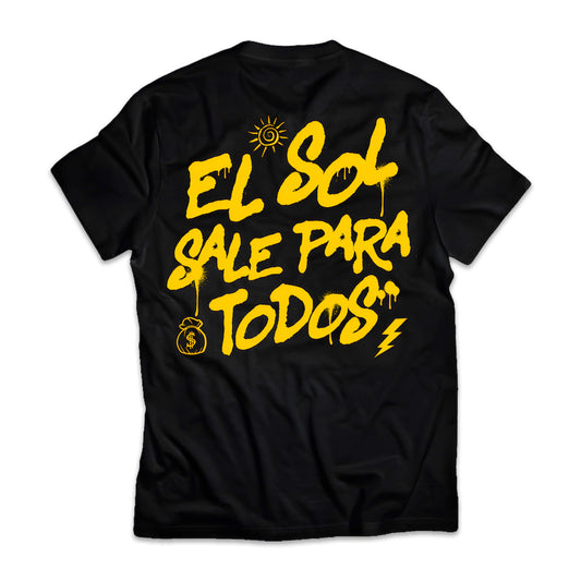 Back View of the Project Torque “El Sol” T-Shirt. Featuring bold front and back graphics, made from 60% cotton and 40% polyester. “El Sol Sale Para Todos” (The Sun Shines for Everyone) highlights equal opportunity and mutual support.