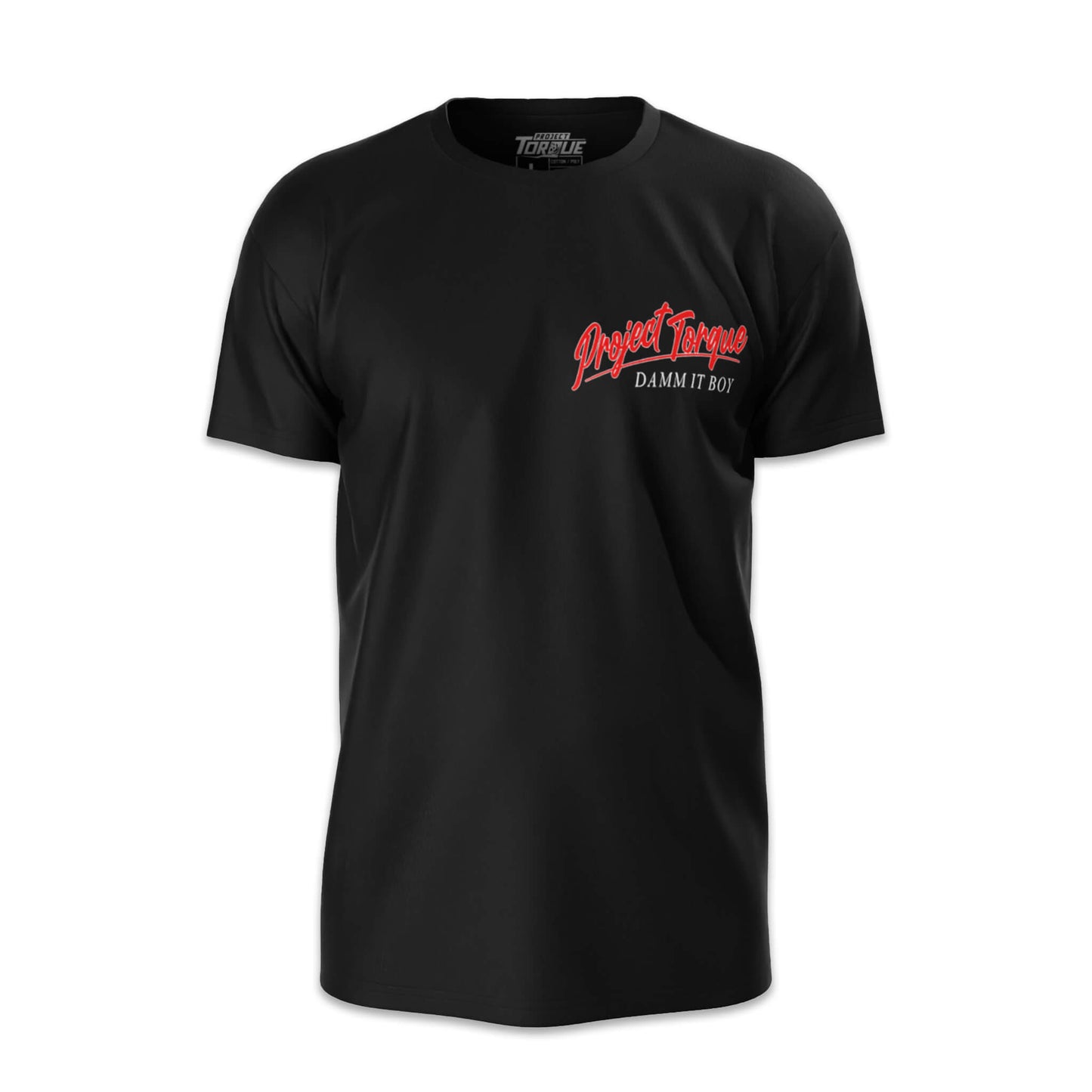 Black t-shirt with red and white text on a white background