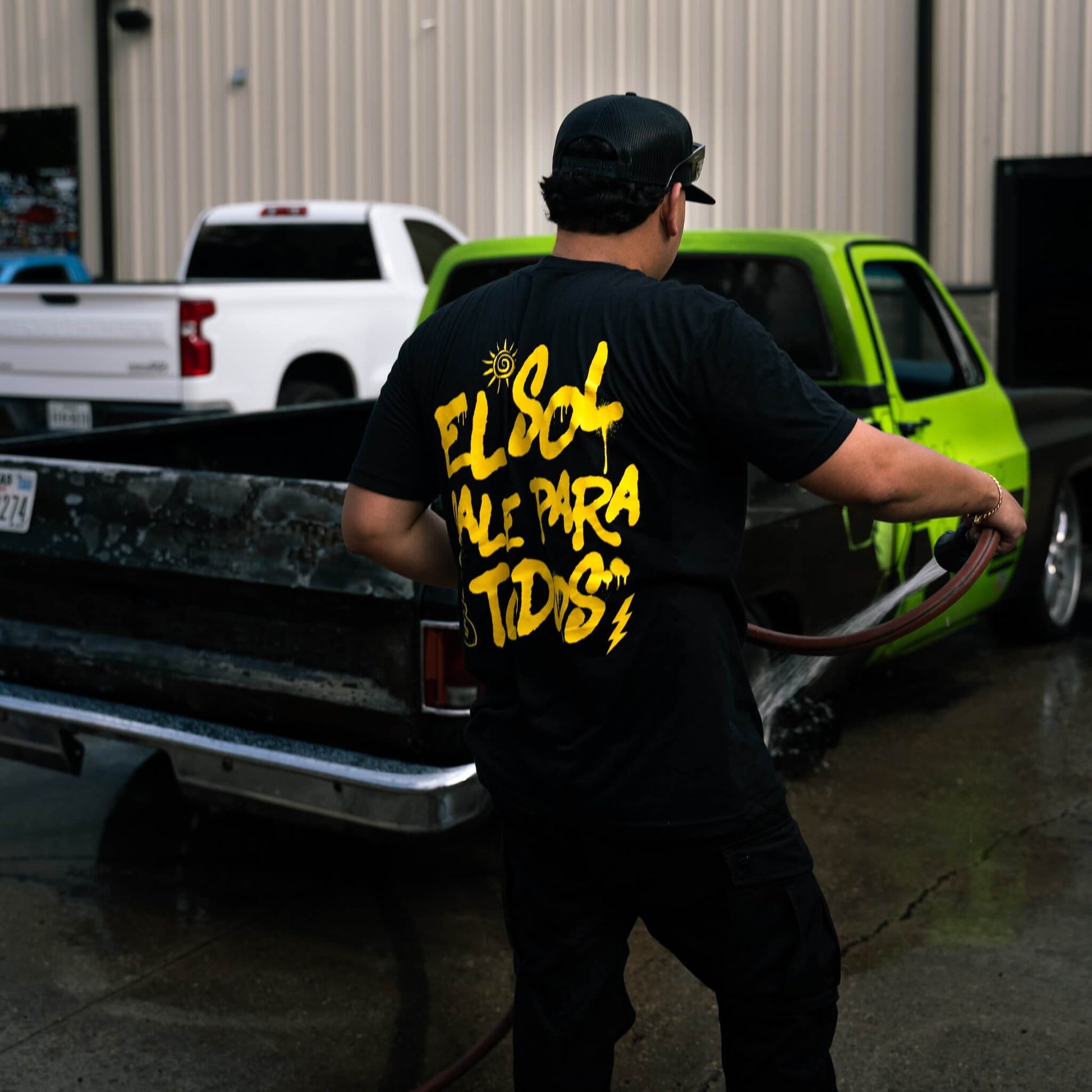 Freddy Wearing the Project Torque “El Sol” T-Shirt. Featuring bold front and back graphics, made from 60% cotton and 40% polyester. “El Sol Sale Para Todos” (The Sun Shines for Everyone) highlights equal opportunity and mutual support. 