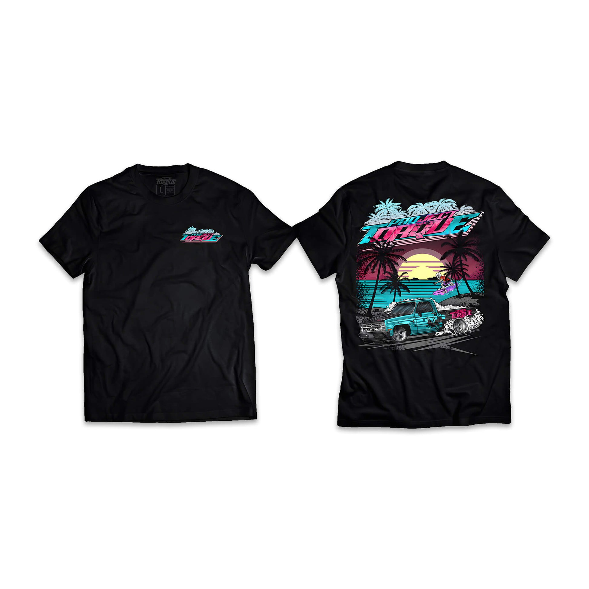 Side by side view of the front and back of the C10 MIami Theme T-Shirt perfect for any summer occasion