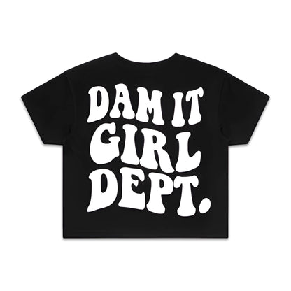 Back view Introducing the Project Torque “Damit Girl Dept.” Crop Top Tee! This stylish crop top features bold “Project Torque” lettering on the front and “Damit Girl Dept.” on the back. Made from a comfortable blend of 60% cotton and 40% polyester.