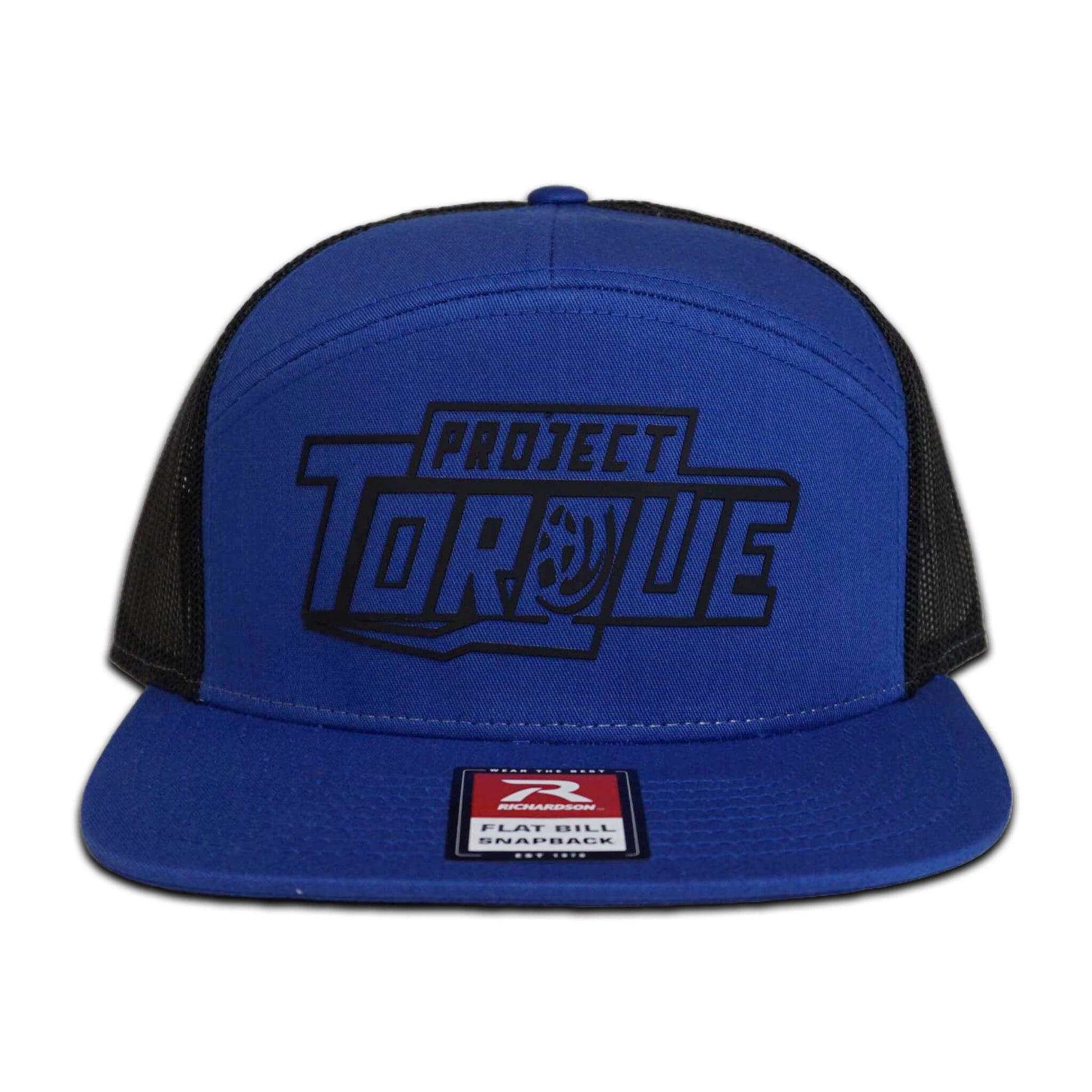 Blue flat bill snapback with black mesh rear, featuring the Project Torque black rubber embossed logo.