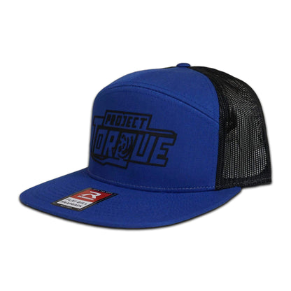 Side View of Blue flat bill snapback with black mesh rear, featuring the Project Torque black rubber embossed logo.