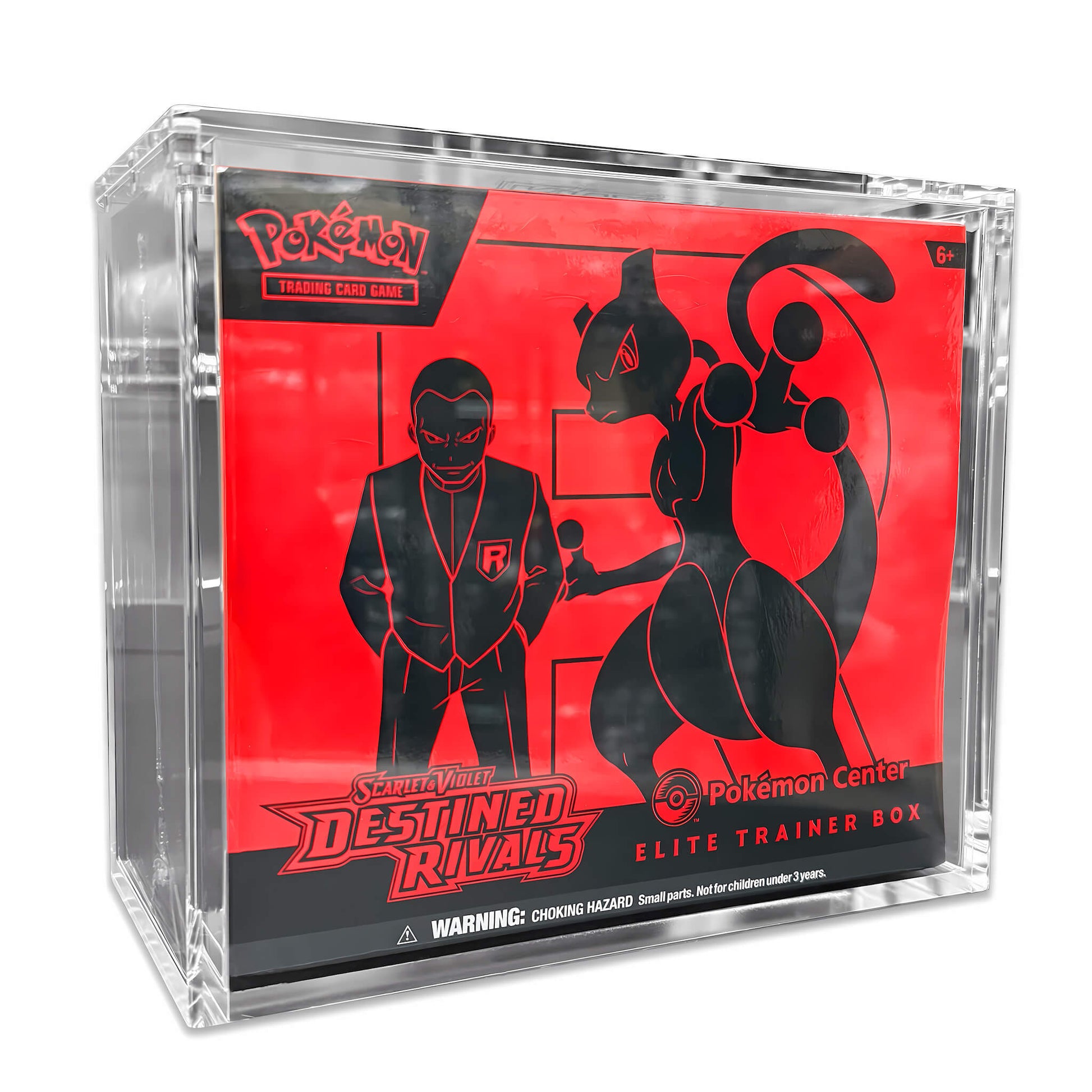 Pokémon Destined Rivals Elite Trainer Box packaging with red and black design. Displaying a Premium Acrylic used to proetect your Pokemon ETBs.