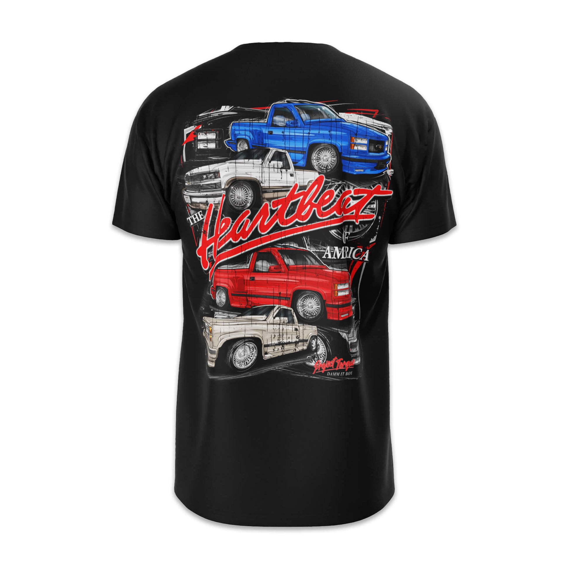 Black t-shirt with graphic of four trucks and 'Heartbeat America' text on a white background