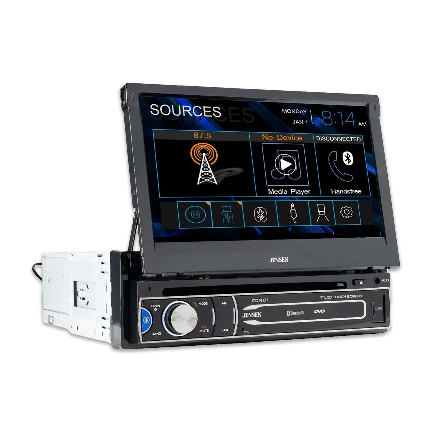 JENSEN CDR171 7-Inch Single DIN Car Stereo Radio | AM/FM Motorized Flip-Out LED Media Touch Screen