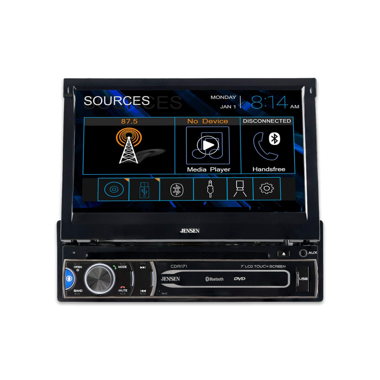 JENSEN CDR171 7-Inch Single DIN Car Stereo Radio | AM/FM Motorized Flip-Out LED Media Touch Screen