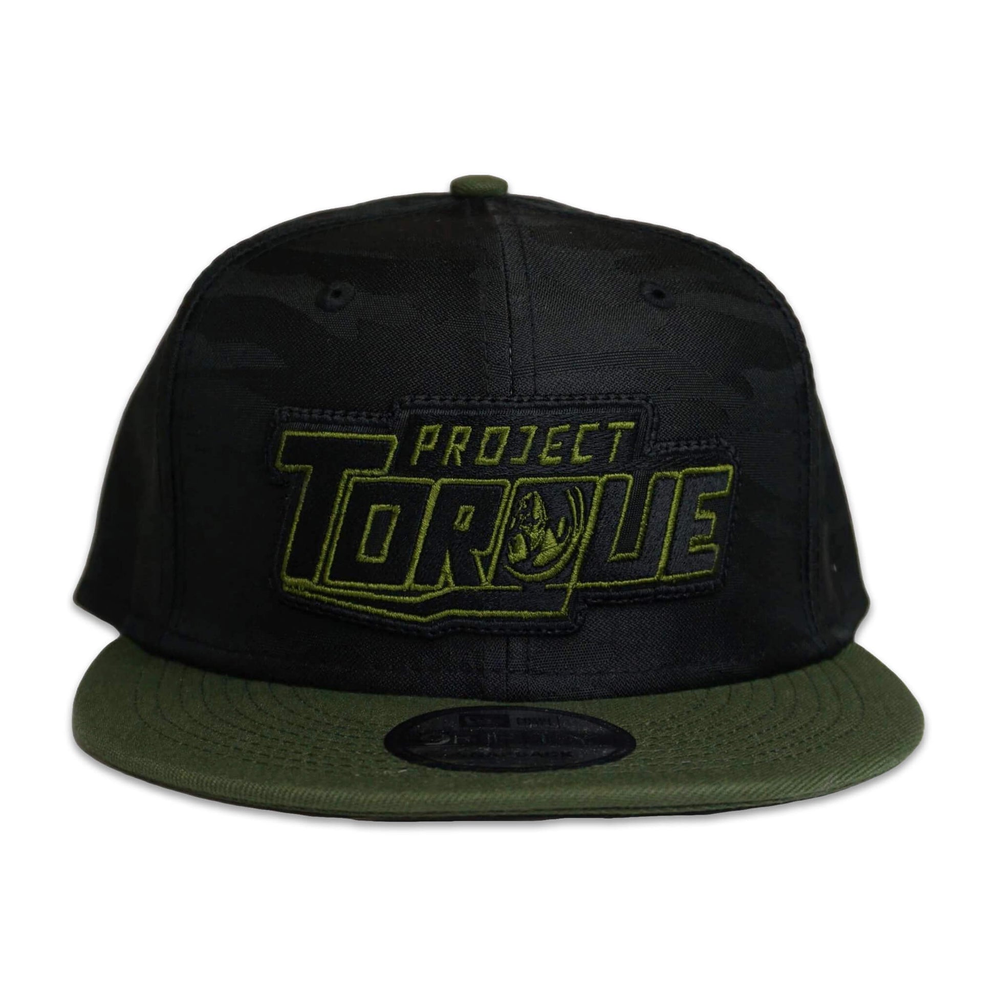 Front View of adjustable snapback hat features an all-satin black camo design with a striking green brim and an embroidered Project Torque logo