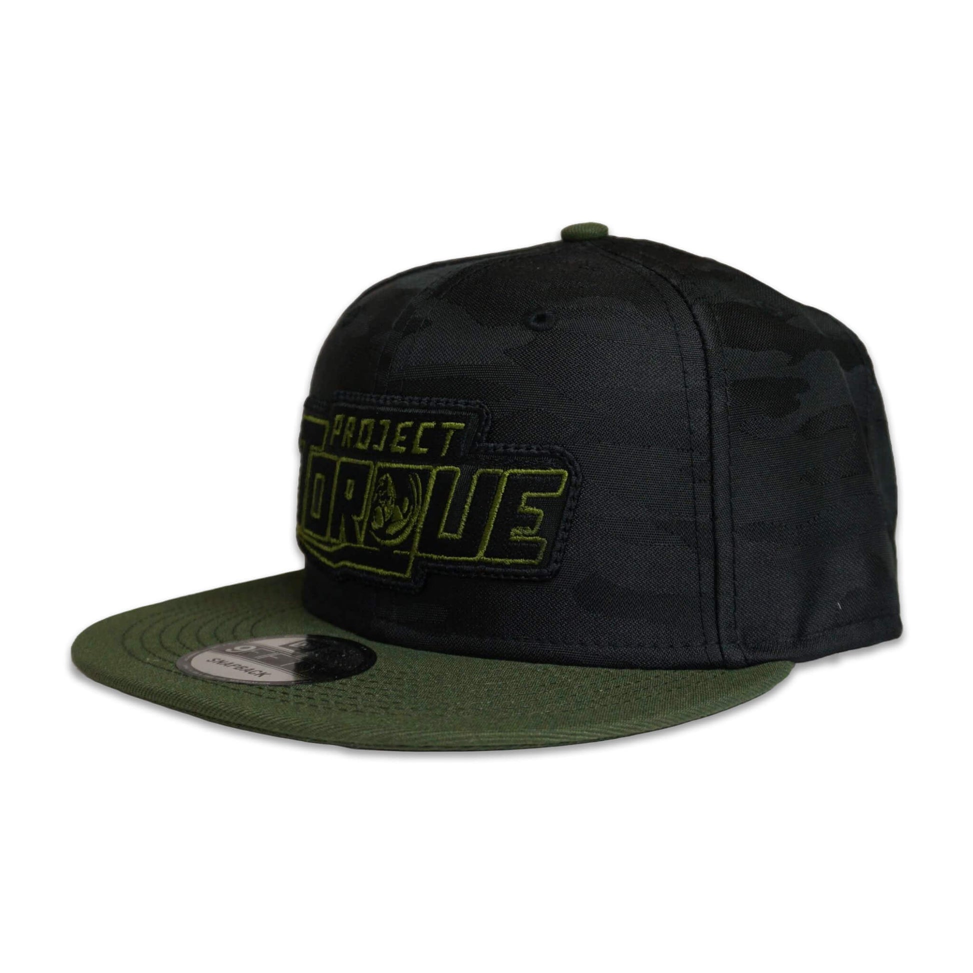 Side View of adjustable snapback hat features an all-satin black camo design with a striking green brim and an embroidered Project Torque logo